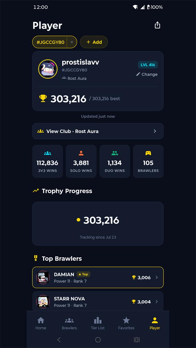 BrawlBuddy player profile screen showing trophies and brawlers